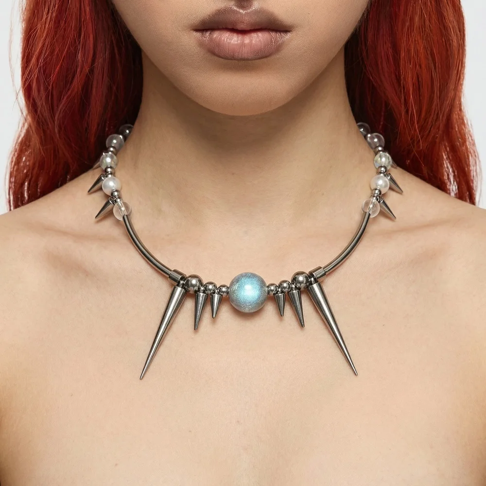 

Punk Grunge Rock Rivet Colorful Beads Chain Cool Fashion Handmade Geometric Necklace Goth Charm Jewelry Hip Hop Accessories