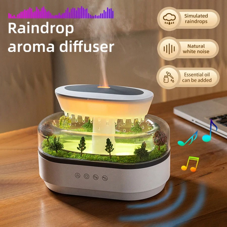 

1PC Simulated Raindrop Essential Oil Diffuser with Colorful Lights Quiet Aroma Diffuser with White Noise Air humidifier for Home
