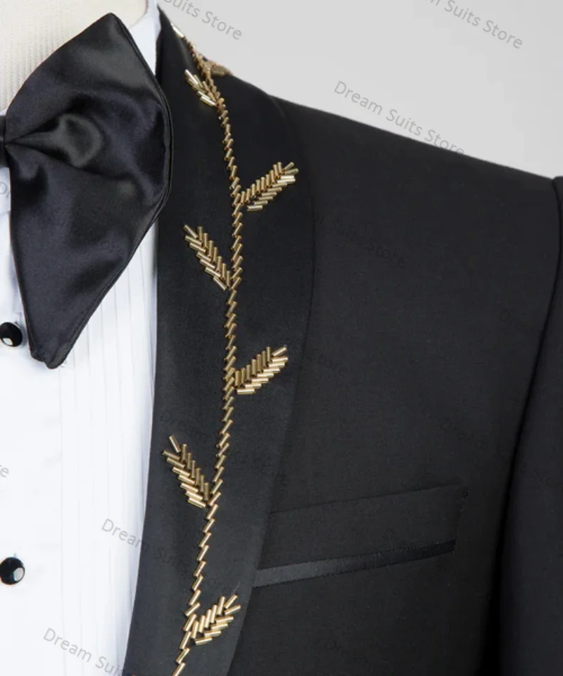 Gold Crystals Men Suits Set 2 Pieces Black Blazer+Cotton Pants Customized Jacket Luxury Wedding Tuxedo Tailored Made Coat