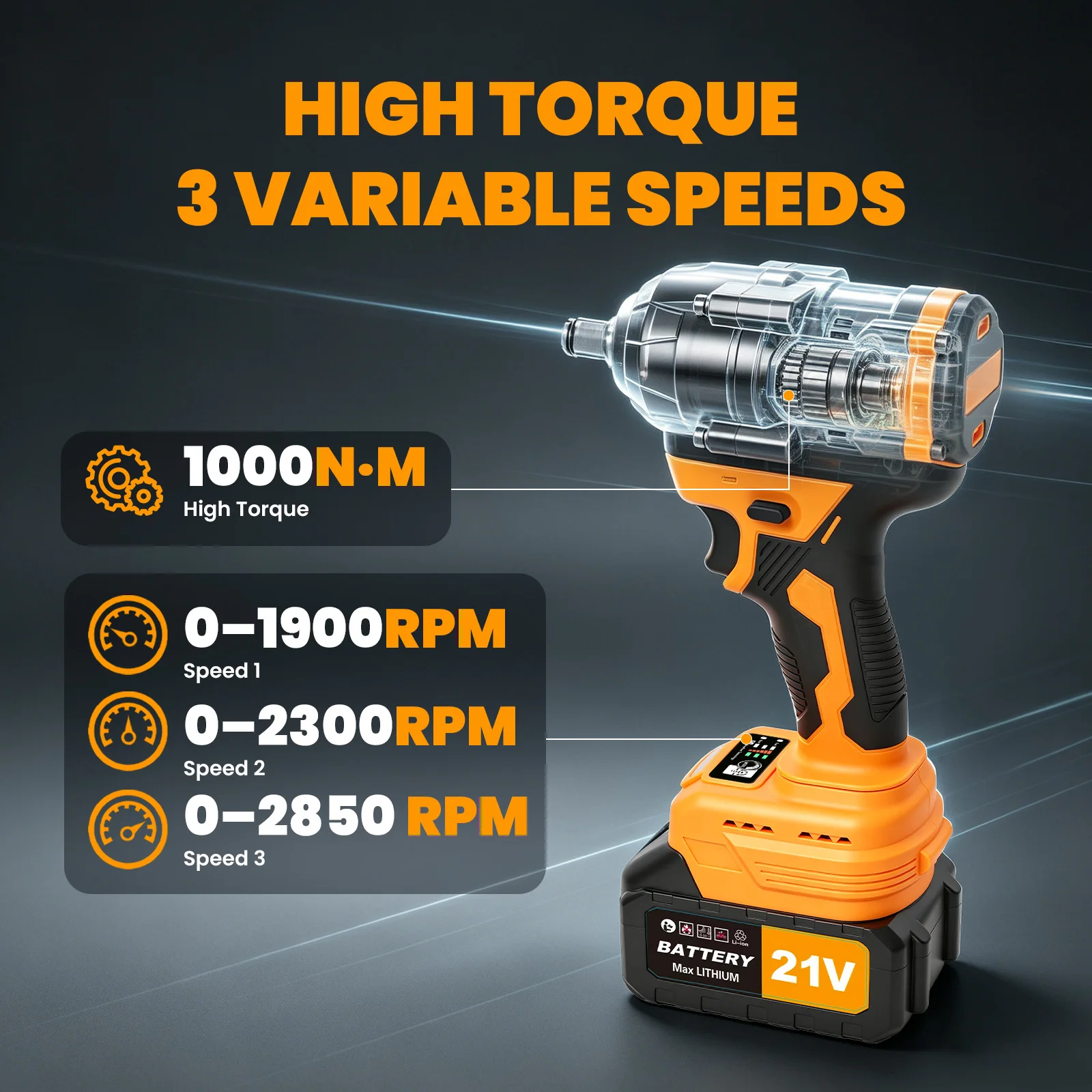 1000NM 21V Cordless Brushless Impact Wrench 1/2 inch High Torque Tire & Suspension Removal Kit 3-Speed Control With 2 X 4.0Ah Batteries + Charger