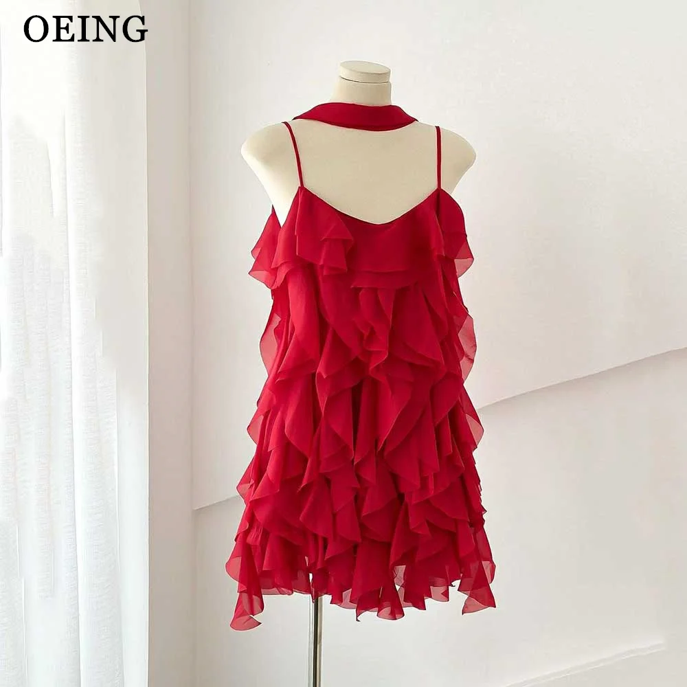 

OEING Elegant Red Mini Prom Dresses Simple Spaghetti Strap Ruffles Evening Party Dress Special Short Event Cocktail Gowns