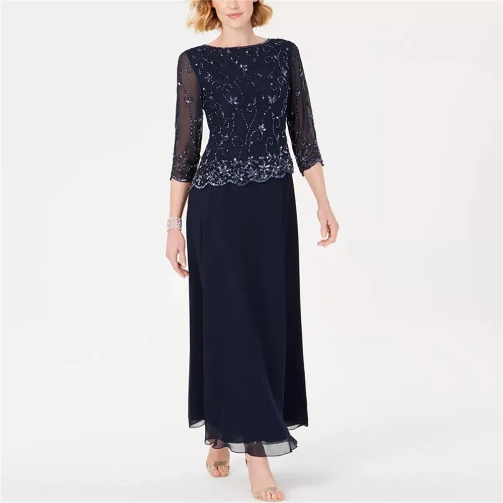 Navy Blue Beads Crystals Mother of the Bride Dresses 3/4 Sleeve Ankle Length Wedding Guest Dress A Line Prom Party Go