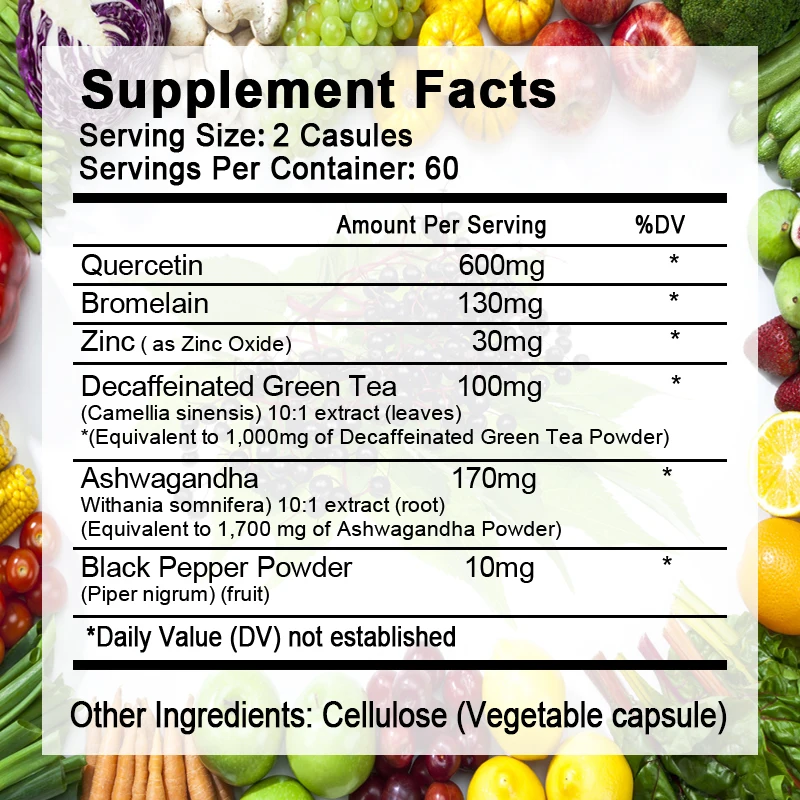 Quercetin Capsules Vitamin C Zinc & Elderberry Bromelain Capsules Antioxidant - Supports Cardiovascular & Immune Health