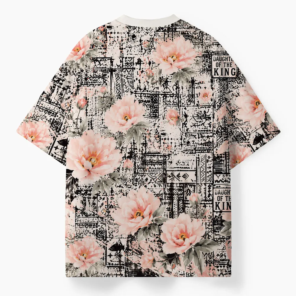Men Oversized Graphic T‑Shirt, Vintage Pink Peony Floral Grunge 3D Print Tee,Streetwear Short‑Sleeve Top For Daily Street Outing