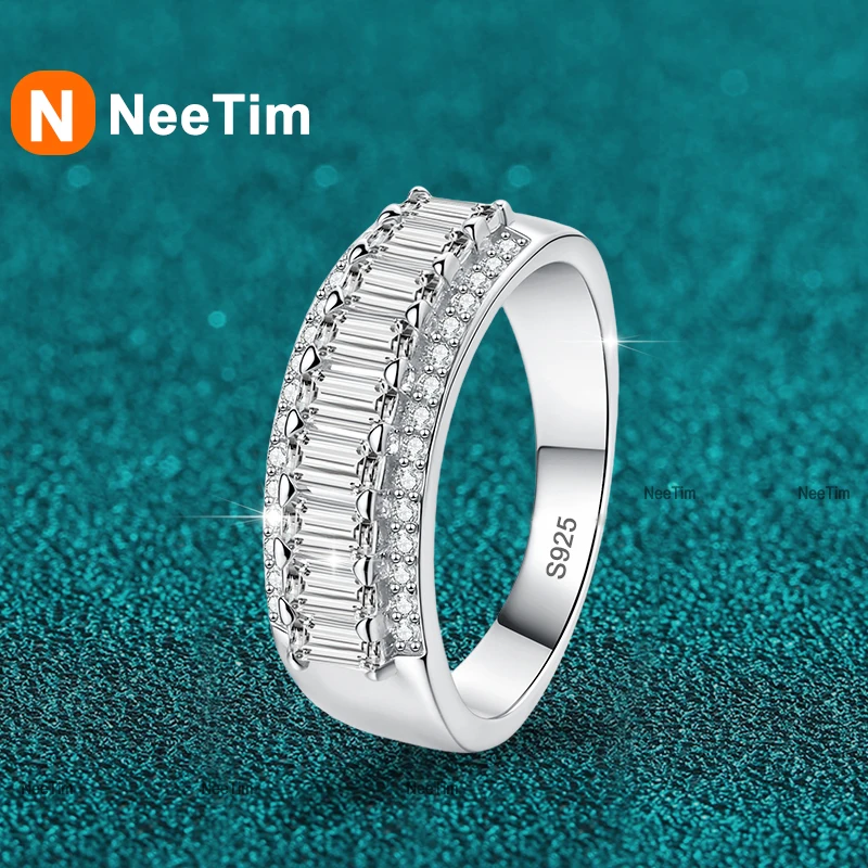 NeeTim Emerald Cut Full D VVS1 Moissanite Ring for Women Sparkling Wedding Eternity Bands S925 Sterling Silver Jewelry Ring