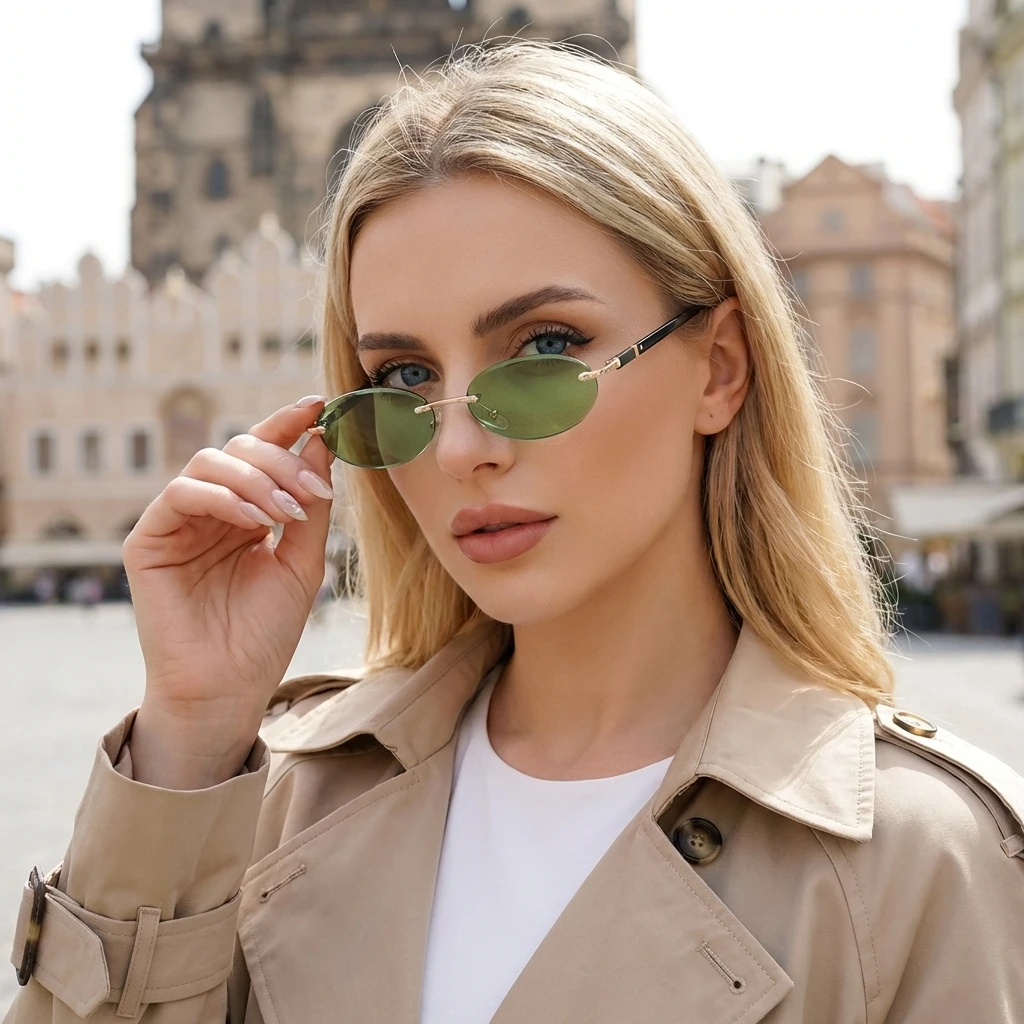 Modische Randlose Sonnenbrillen mit Ovalem Schnitt 2026 Neue Street-Style Sonnenbrillen für Damen und Herren Vintage Kleiner Rahmen Trendige Eyewear