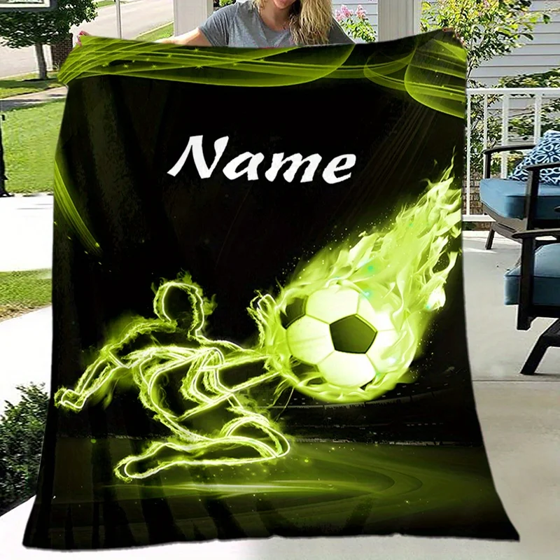 Customized Name Football Blanket - A soft flannel blanket with 3D football design, a personalized gift for sports fans