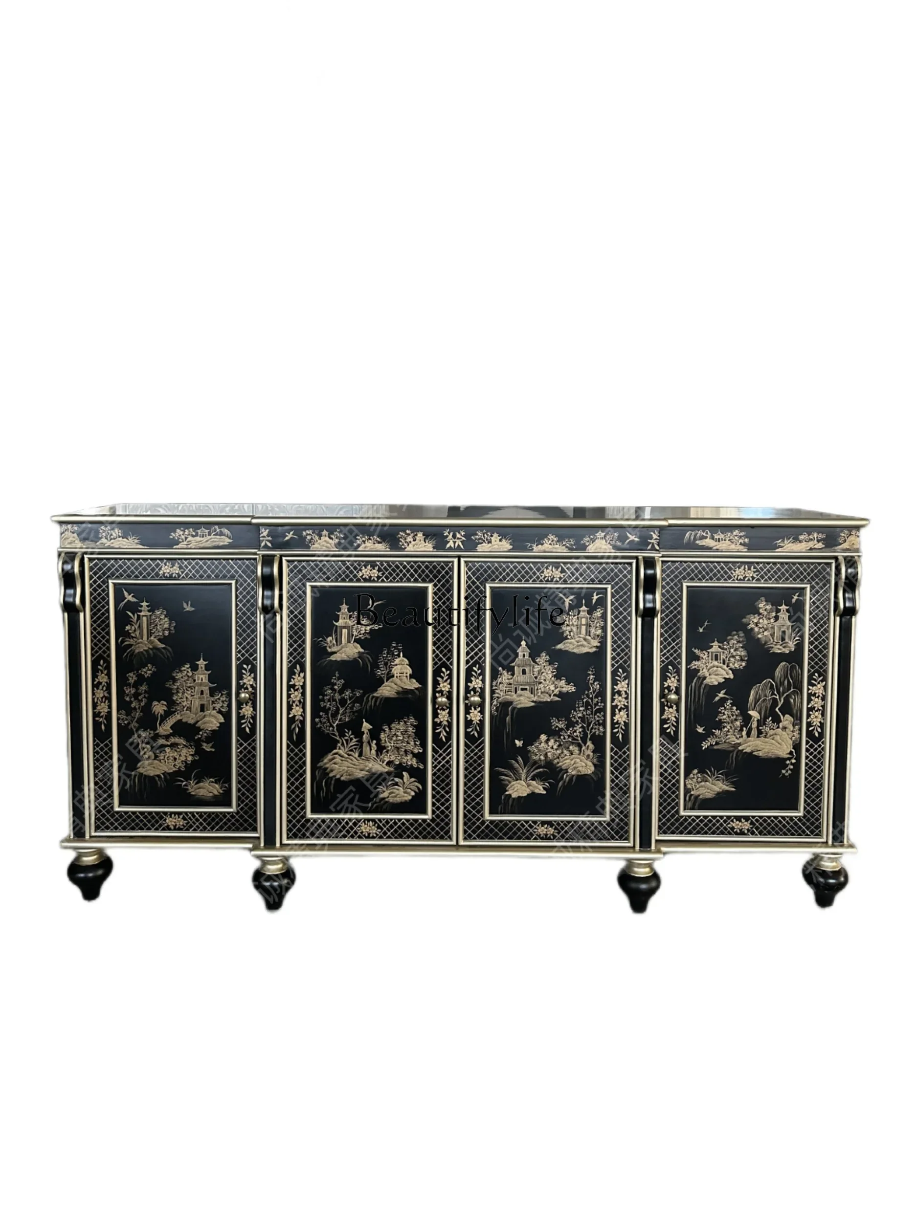 

American Retro Hand-Painted Sideboard Cabinet French Solid Wood Storage Home Entrance Cabinet Light Luxury Living Room