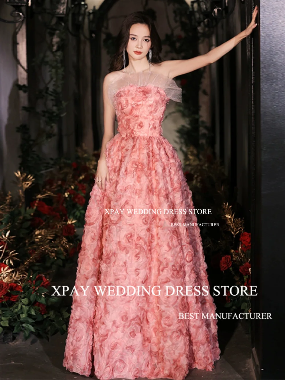 XPAY 3D Rose Flowers Korea A Line Evening Dresses Pink Strapless Remove Long Sleeves Formal Party Gown For Wedding Photo Shoot