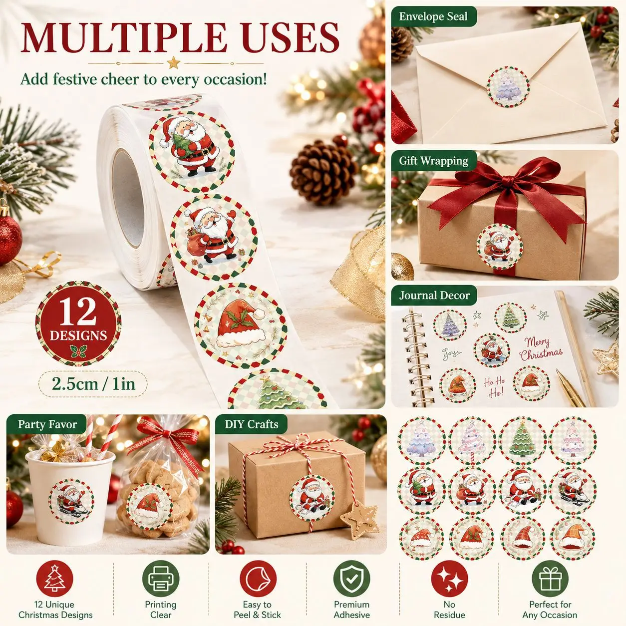 500pcs Roll Stickers Santa Claus Christmas Tree Hat Gift Packaging Stickers DIY Phone Guitar Laptop Notebook Suitcase Waterproof