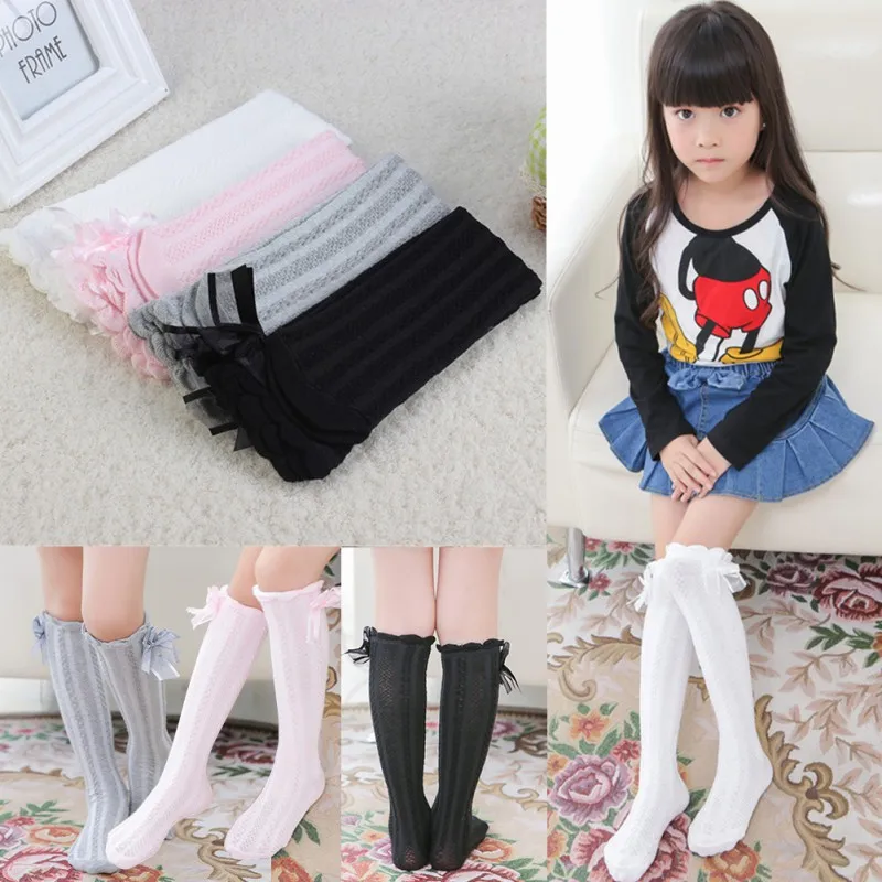

Kids Girls Knee High Socks Long Bow Mid-calf Socks Soft Cotton Ruffle Lace Socks Children School Uniform Socks Leg Warmer