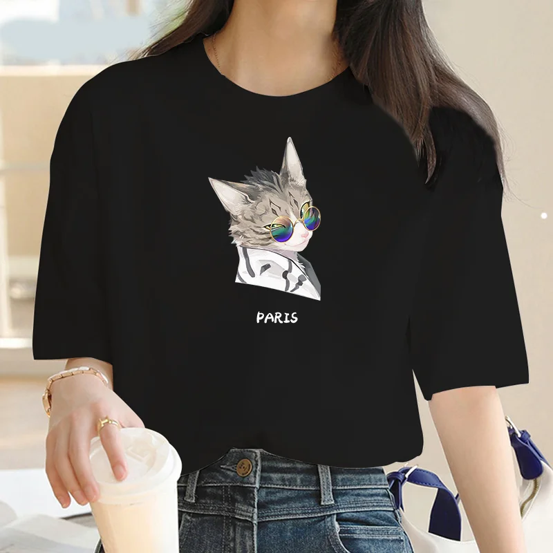 Sunglasses cat print women T-shirt Kawaii fashion personality luxury brand short sleeve T-shirt casual breathable women top