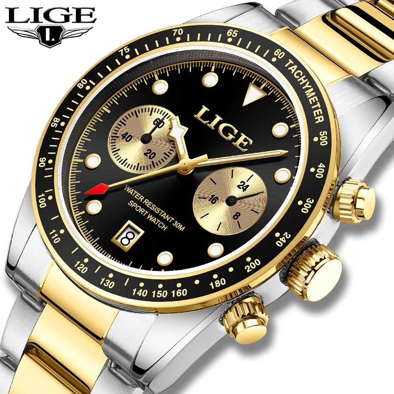 

LIGE Top Brand Men's Business Quartz Watches Stainless Business Chronograph Waterproof Watch Gold Black Relogios Masculino Clock