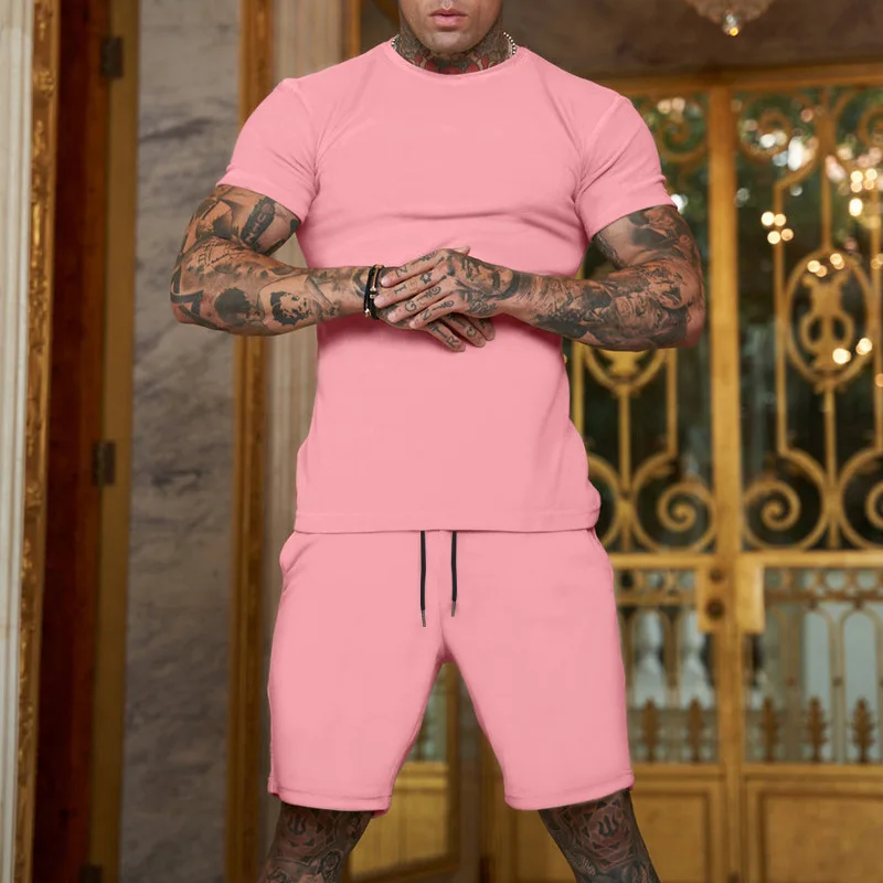 

Мужские комплекты с круглым вырезом, футболки с короткими рукавами, пуловеры, однотонные шорты на шнурке, свободные комплекты из двух предметов, лето 2025, новые повседневные спортивные карманы