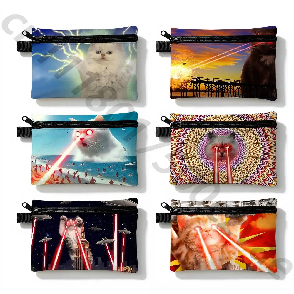 Laser Cat Waterproof Zipper Coin Purse Lightweight Hanging Key Pouch Card Holder For Daily Use
