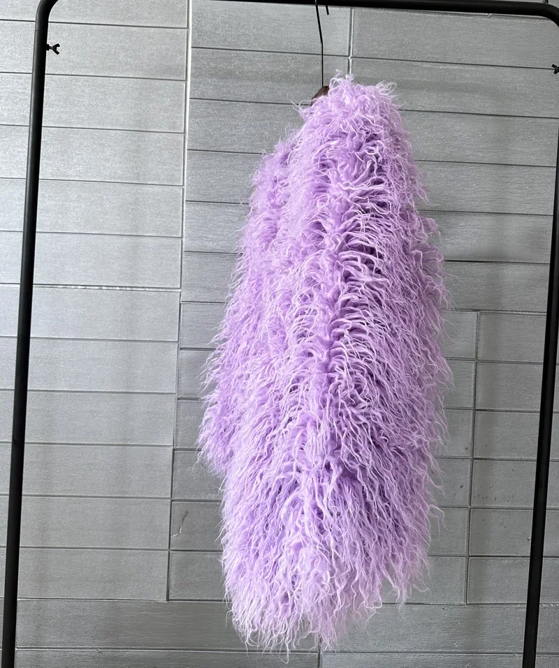 Mongolia Sheep Fur Women Medium Long Coat Jacket Colorful Warm Faux Fur Plush Coats Female Jacket Autumn Winter Furry Outerwear