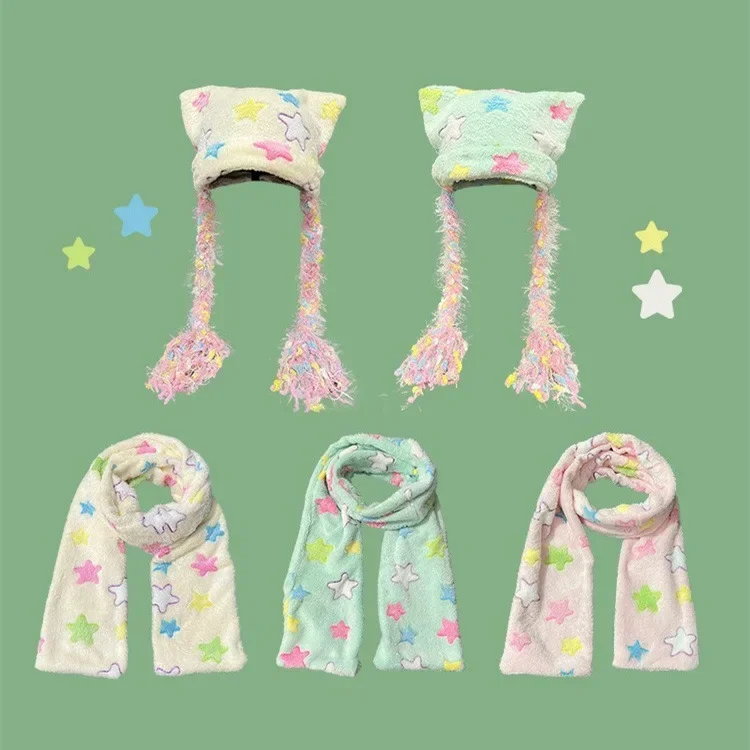 Y 2K Cosplay Gekleurde Sterren Gevlochten Beanie Hoed Vrouw Dopamine Tiener Hottie Sweet Veelzijdige Pullover Oorbeschermer Hoed