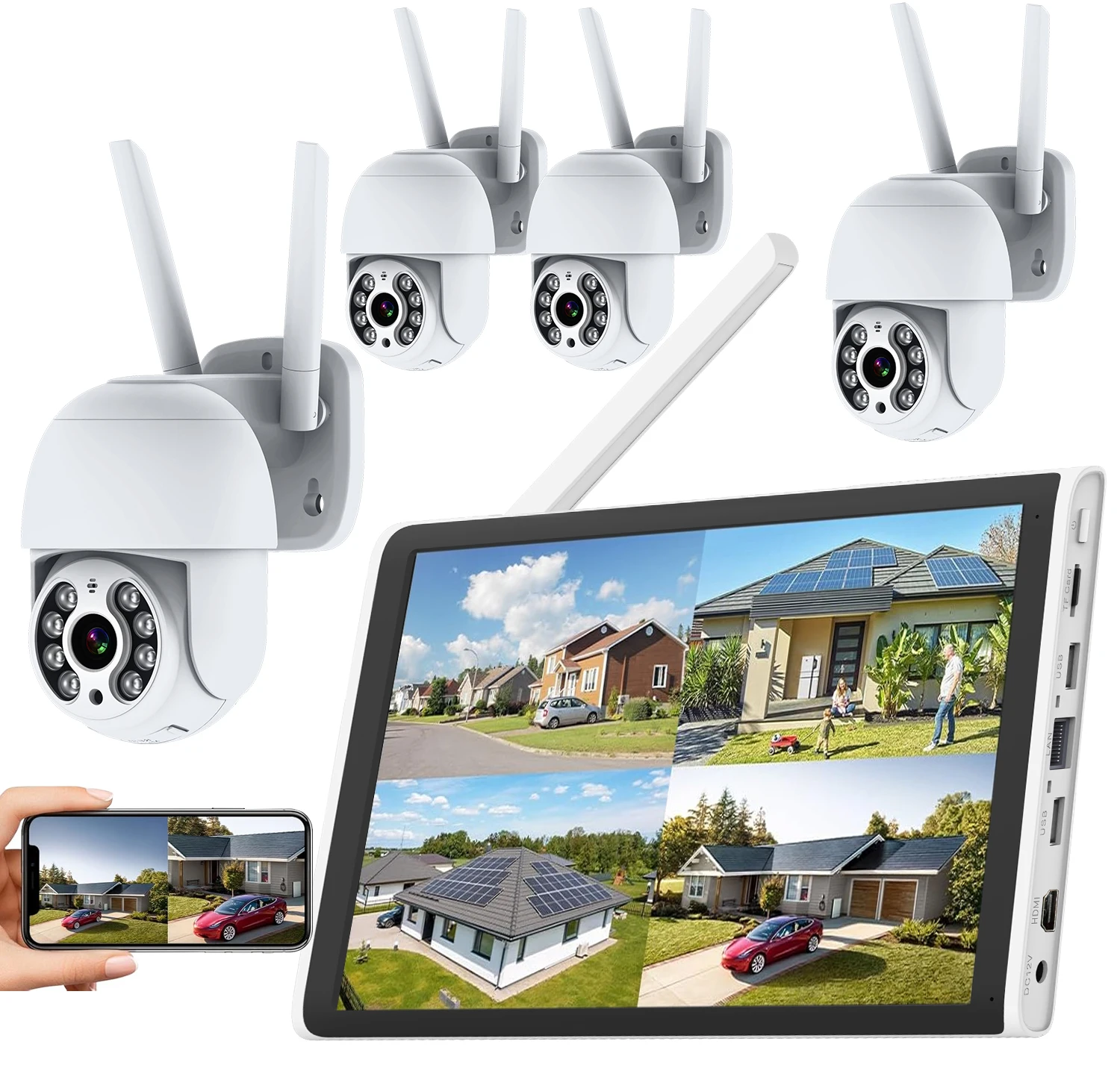

Wireless Security Camera System for Home, 3MP Auto Tracking Outdoor Surveillance 4 Cameras with 10CH NVR built-in 10.1" Monitor