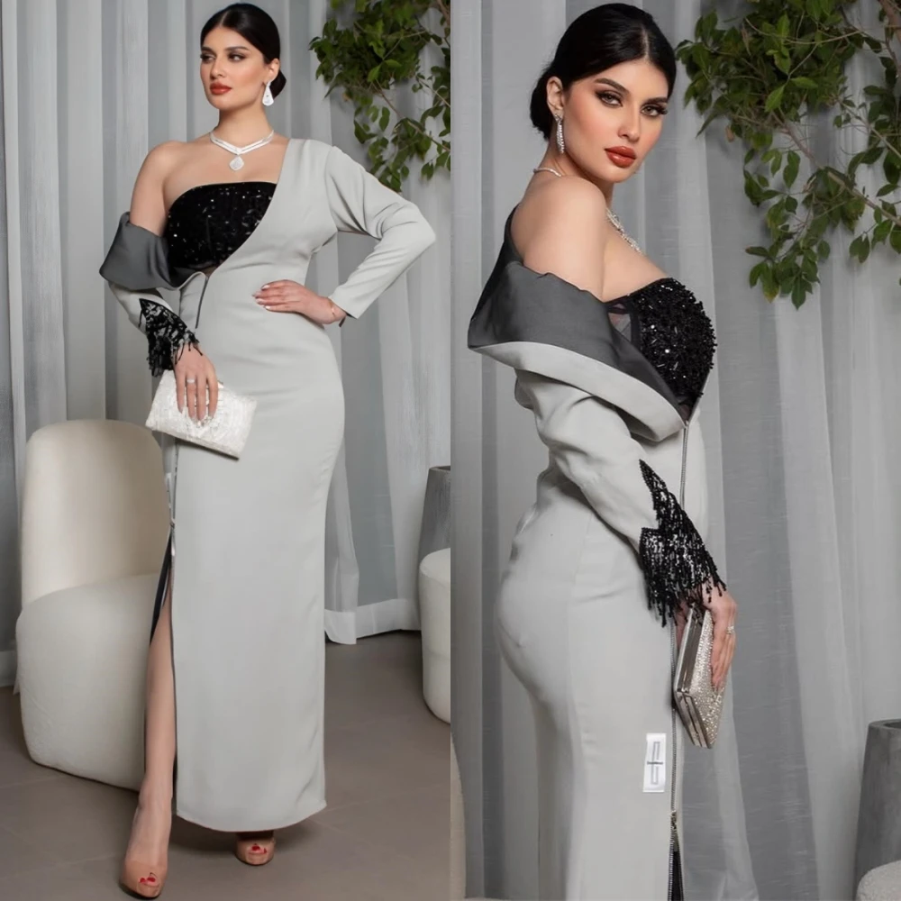 

Customized Graceful Square Collar Evening Dress Exquisite Jersey Prom Dresses Delicate Long Sleeves Special Occasion Gowns