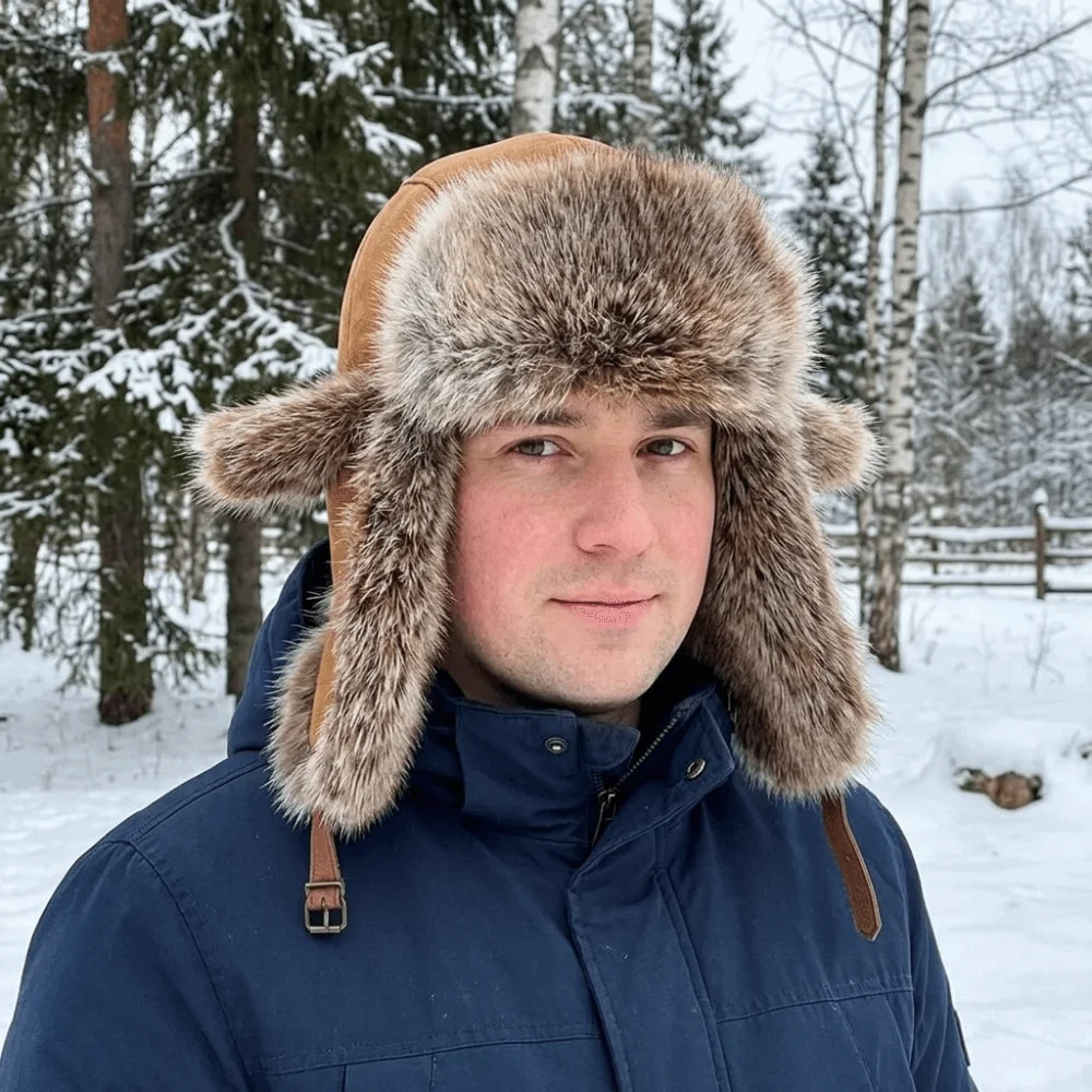 Atmungsaktiver Wildlederstoff, Herren-Lei-Feng-Mütze, dicke Kunstfell-Ohrschutzmütze, warme, mit Fleece gefütterte, kältebeständige Mütze zum Skifahren. – Detail 12