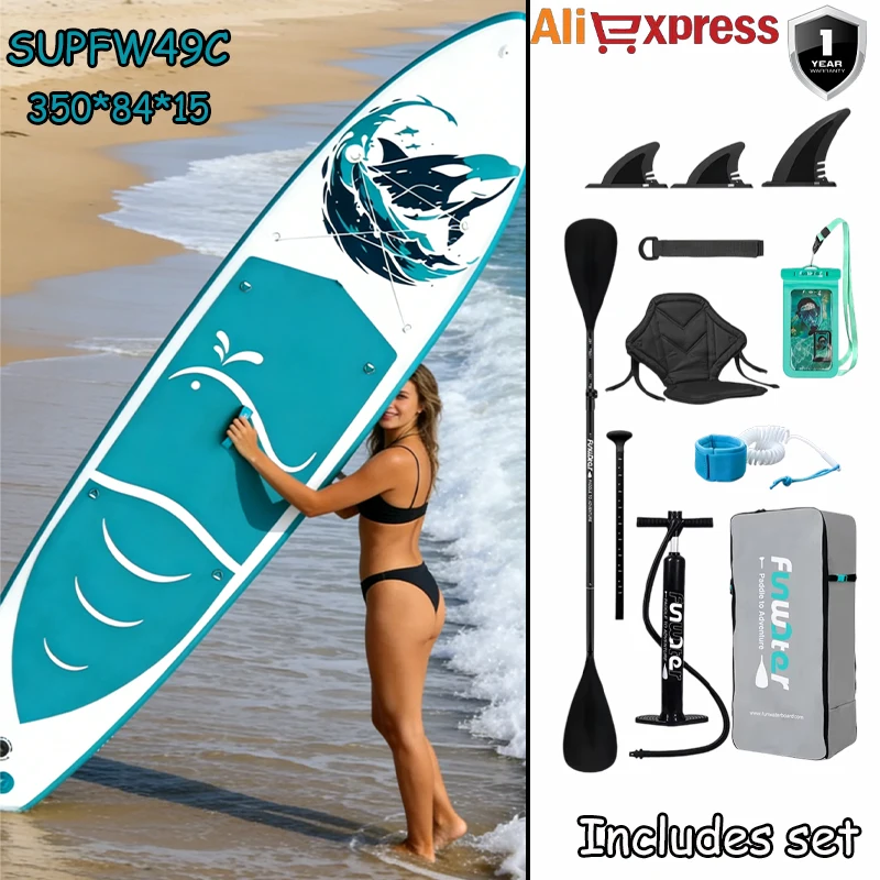 Funwater SUPFW49C Ultralicht opblaasbaar paddleboard 350*84*15 Volwassenen Wateryoga, Vissen, Reizen Surfen Antislip Paddleboard