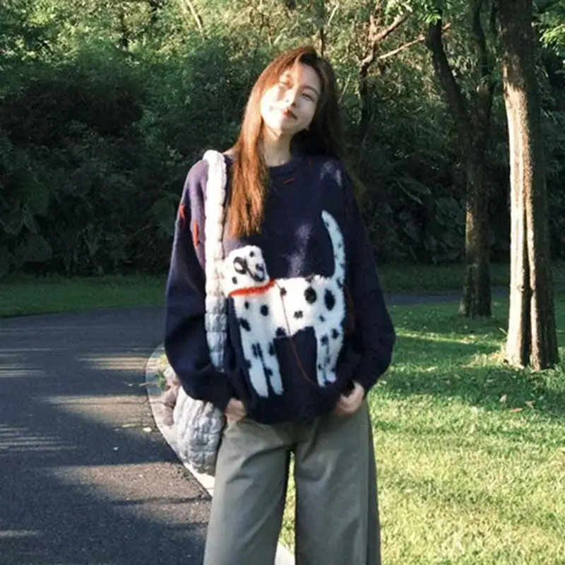 

Korean Cute Puppy Embroidery Soft Fur Knitted Thick Winter Sweater O-Neck Sweatshirts Loose Full Sleeve Cartoon Jumper Tops