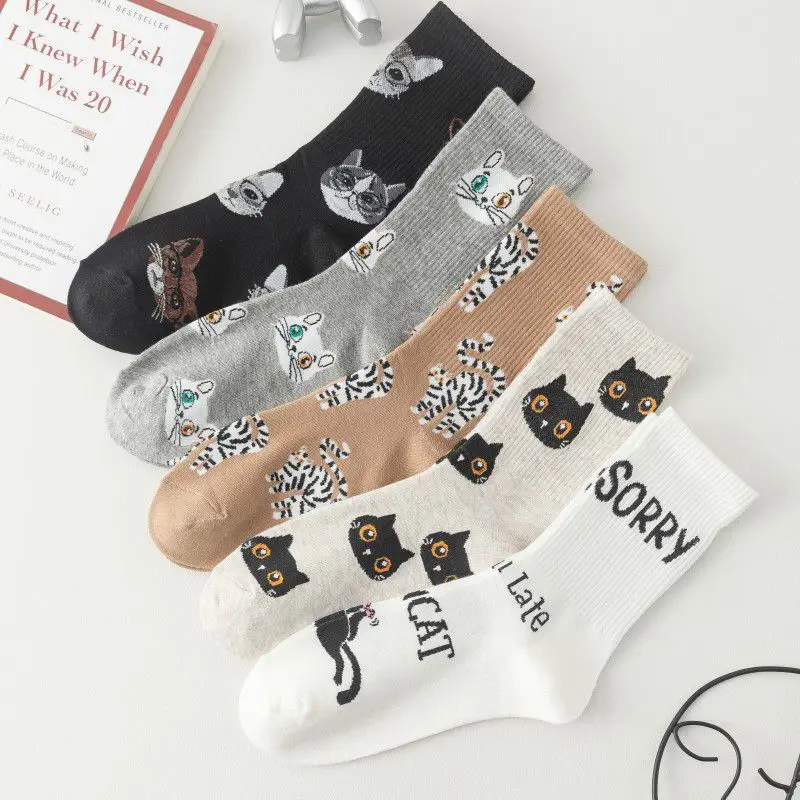 1 Pair of Spring Cute Women's Socks Kawaii Japan Harajuku Cartoon Cat Trend  Cotton Girls Casual Socks New Hot Salling