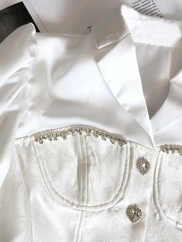 Chic Summer Women Rhinestones Satin Blouse White Faux Silk Diamonds Beaded Shirts Slim OL Long Sleeve Crystal Cardigan Crop Tops