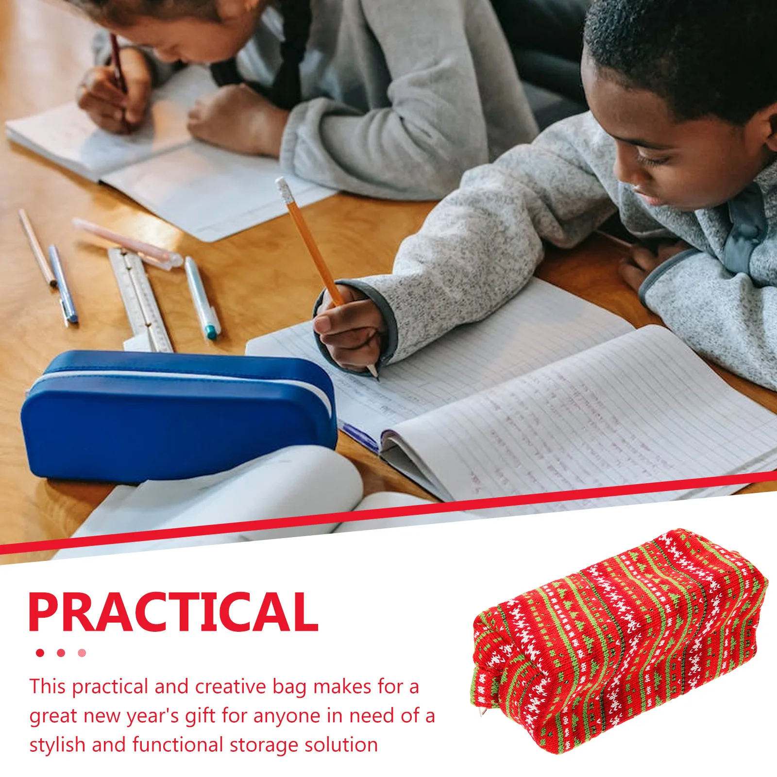 

Stylish Knitted Pencil Case Large Capacity Stationery Storage Bag Red Green Striped Design New Year Gift Zipper Makeup