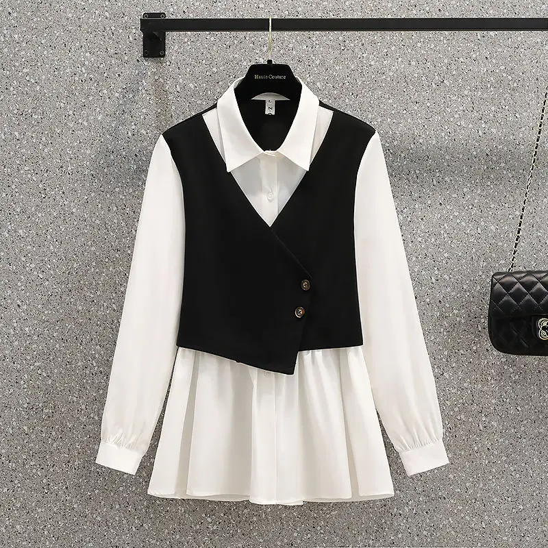 Office Lady Two Fake Pieces Striped Vest Spliced Leisure Shirt Spring Summer Turn-down Collar Single Breasted Irregular Ladies