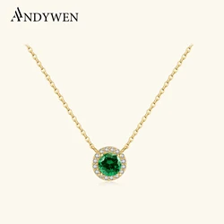 ANDYWEN 925 Sterling Silver Gold Circle Pendant Emerald Green Zircon Gems Charm Chain Necklace Women Mother's Day Fine Jewelry