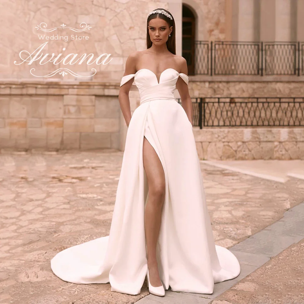 

Aviana Customized Off The Shoulder Sweetheart Neckline Bridal Gown Satin Fabric High Side Split Long Train Buttons Back Elegant