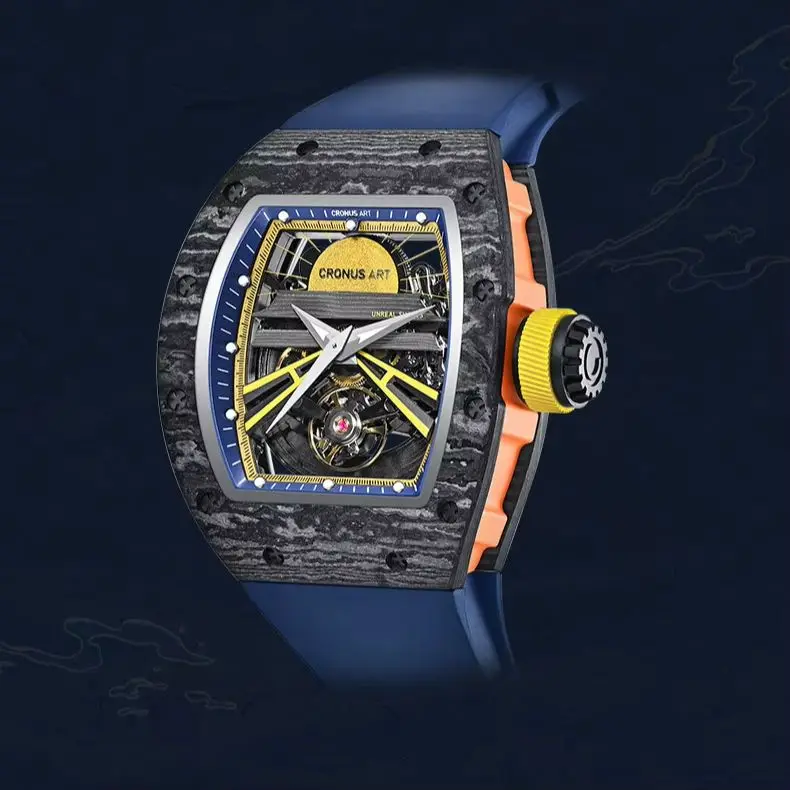 

CRONUSART Мужские автоматические часы 50 мм * 42 мм Роскошные механические наручные часы Tonneau Корпус из углеродного волокна Скелет SunBurst циферблат