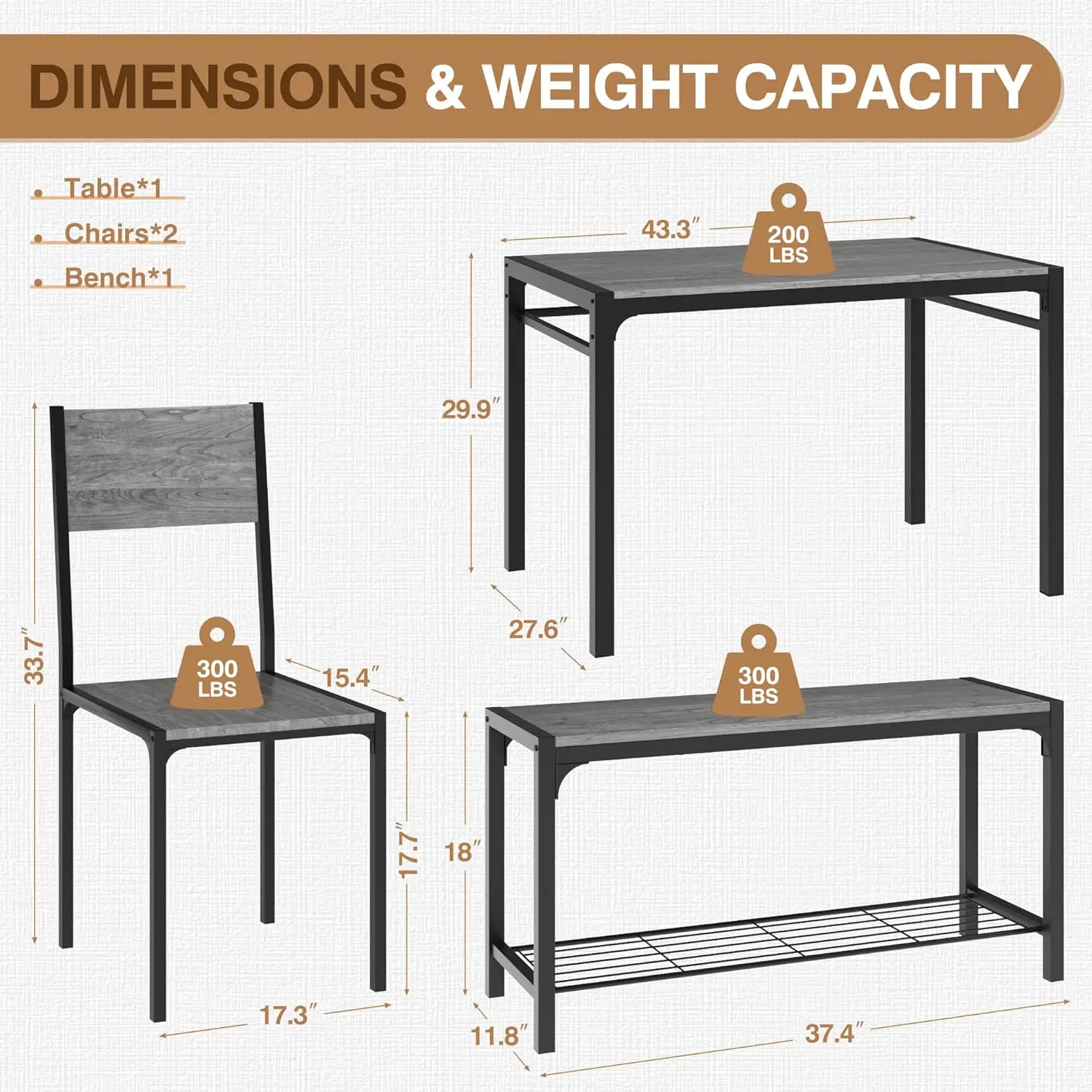 Dining Table Set for 4, Modern Kitchen Table Bench and Chairs Rectangular Dining Room Table Set with Storage Bench for Small Spa