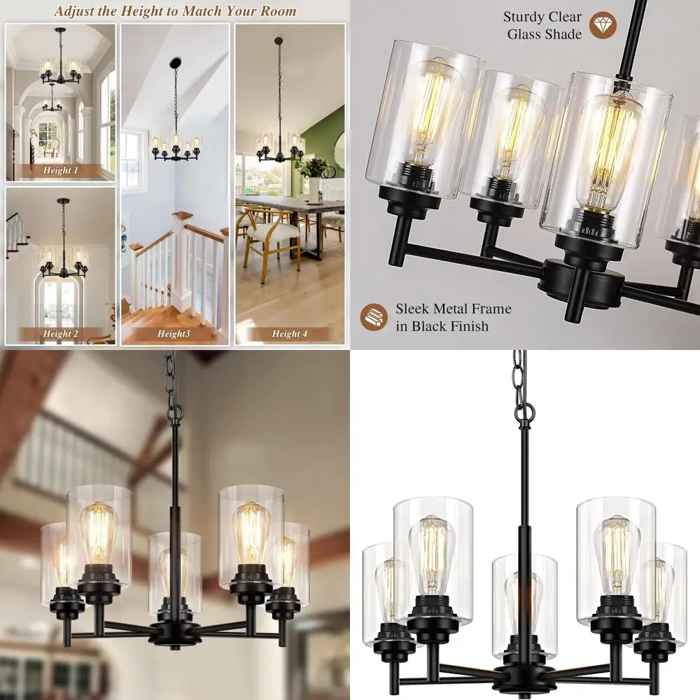 

Подвесной светильник с регулируемой высотой, 5 лампами и стеклянными плафонами, 19,8 дюйма, для кухонного острова, столовой или гостиной, в индустриальном стиле, черный