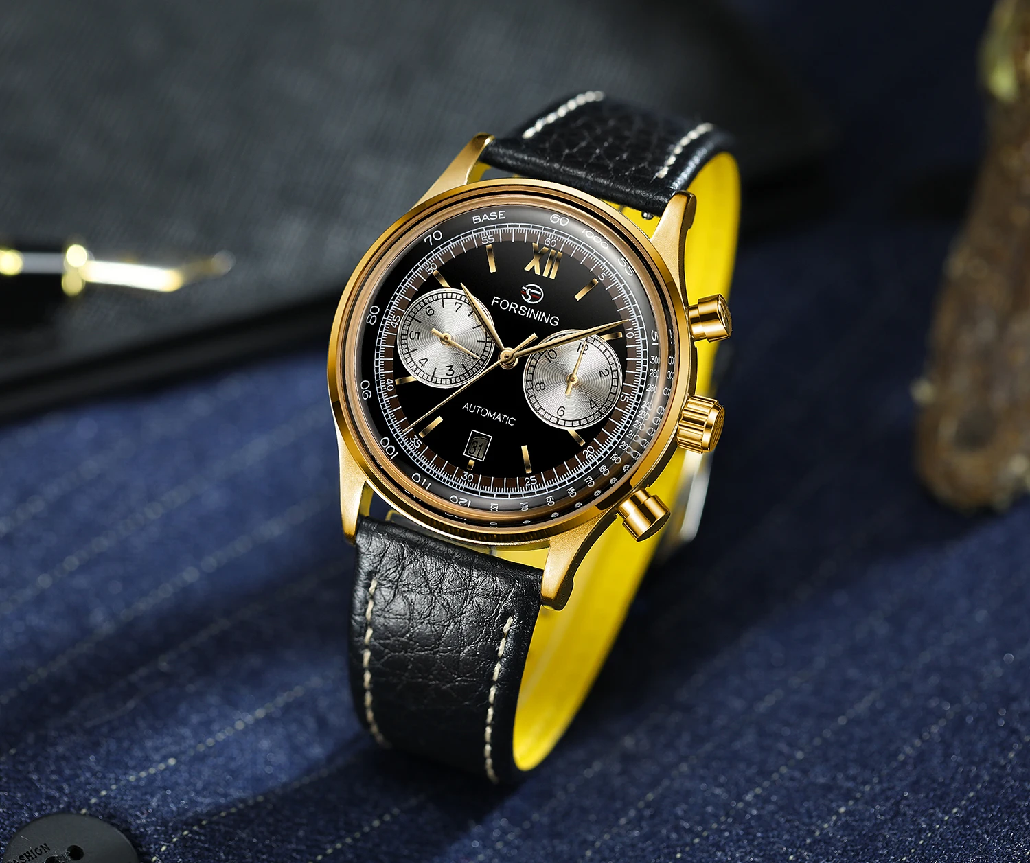 FORSINING Classic Dual Dial Automatic Mechanical Watches for Men Calendar Week Display Leather Strap Waterproof Business Clock