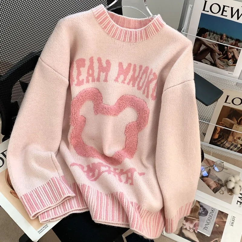 2023 Autumn Winter New Korea Fashion Women Long Sleeve Loose O-neck Pullover All-matched Casual Letter Thick Sweater P334