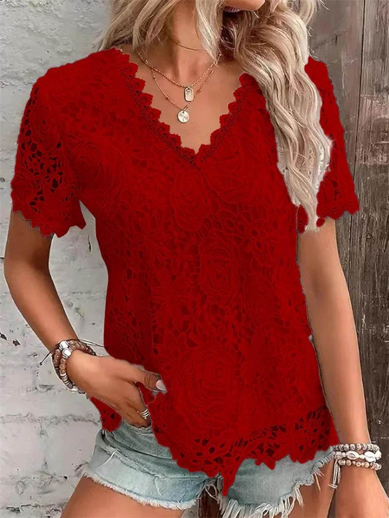 Camiseta de encaje con flores para mujer, jersey de manga corta ahuecado con cuello en V, Tops informales cómodos, Verano