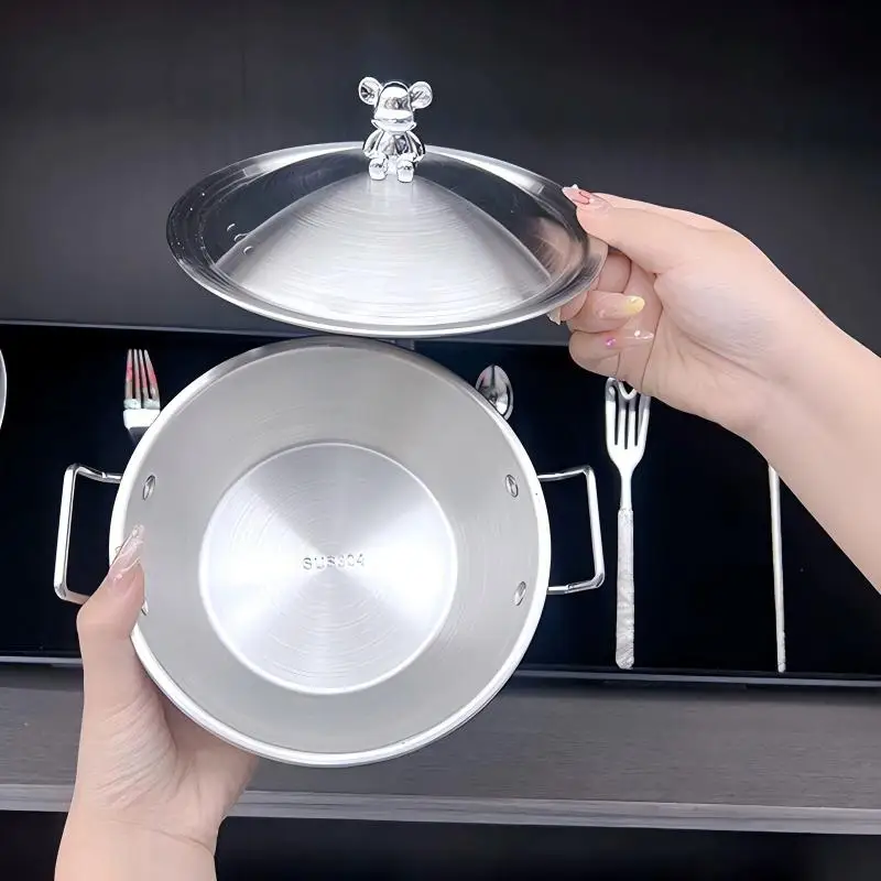 New Stainless Steel Salad Bowl Melting Boiling Pot Instant Noodle Bowl Korean Rice Wine Bowl With Double-ear Handle Snack Basket