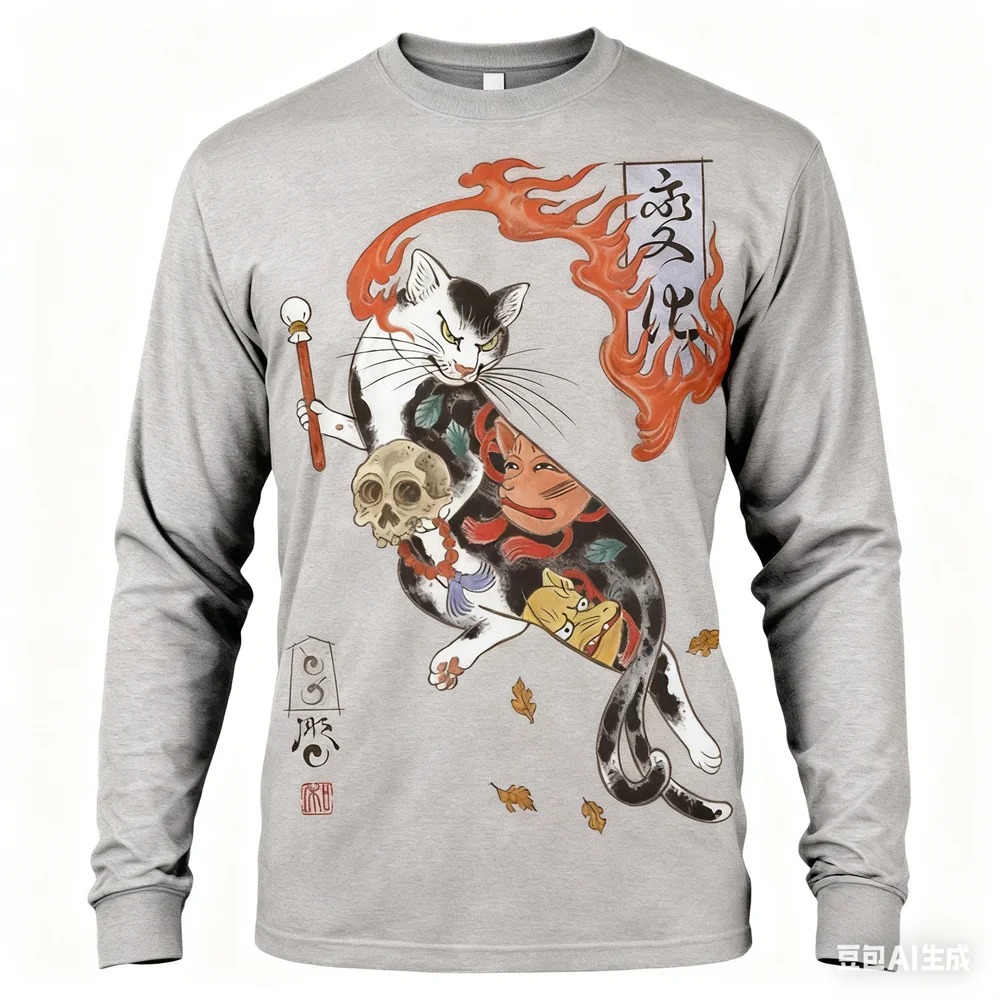 春秋カジュアルOネックルーズ長袖トップス日本武士猫プリントメンズTシャツヒップホップトレンドTシャツy2k服