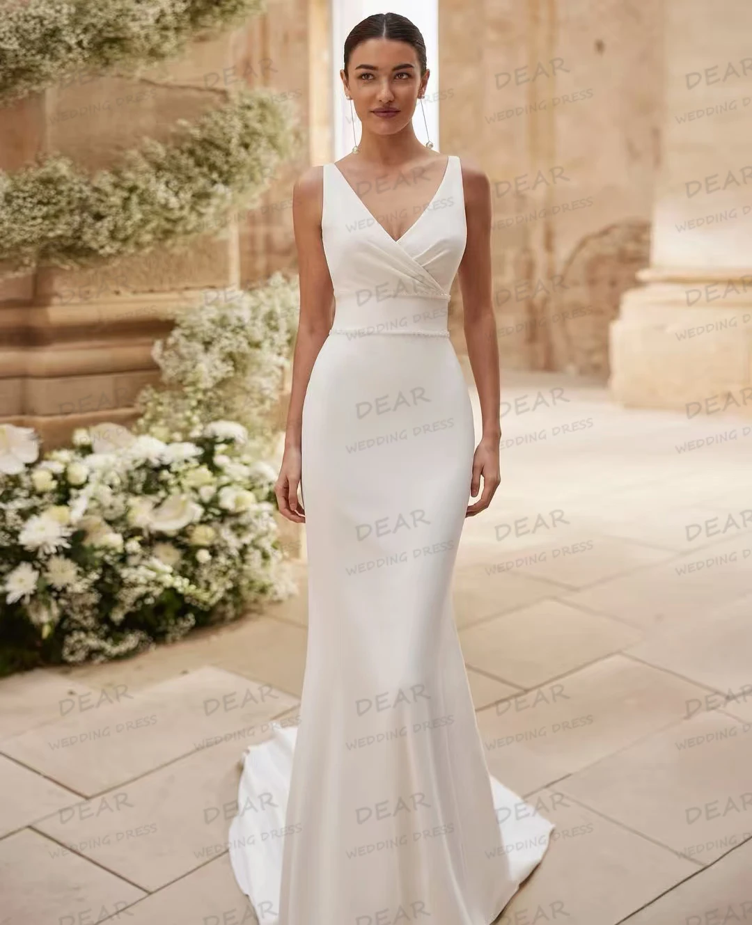 Ruffles V Neck Wedding Dresses Sleeveless Backless Satin Mermaid Women's Bridal Gowns Formal Vestidos De Novia Party Customized