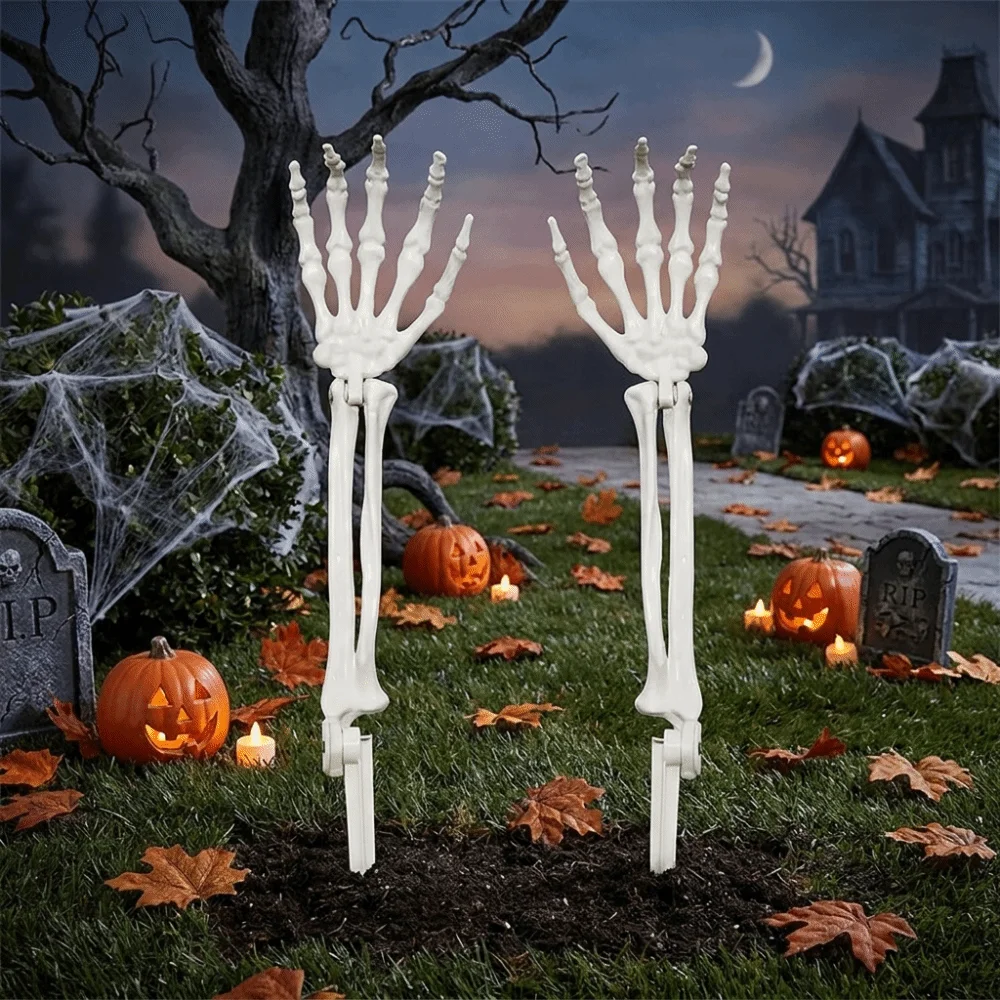 Plastic Skull Hand Decorations Articulated Poseable Life-Size Skeleton Arm Yard Stakes Multiple Colors Faux Bone