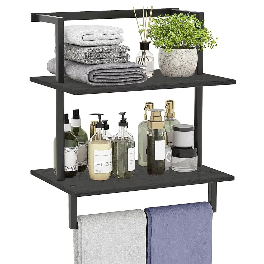 

Настенная вешалка для полотенец в ванную, 3-ярусная стальная деревянная полка для хранения с перекладиной, черная