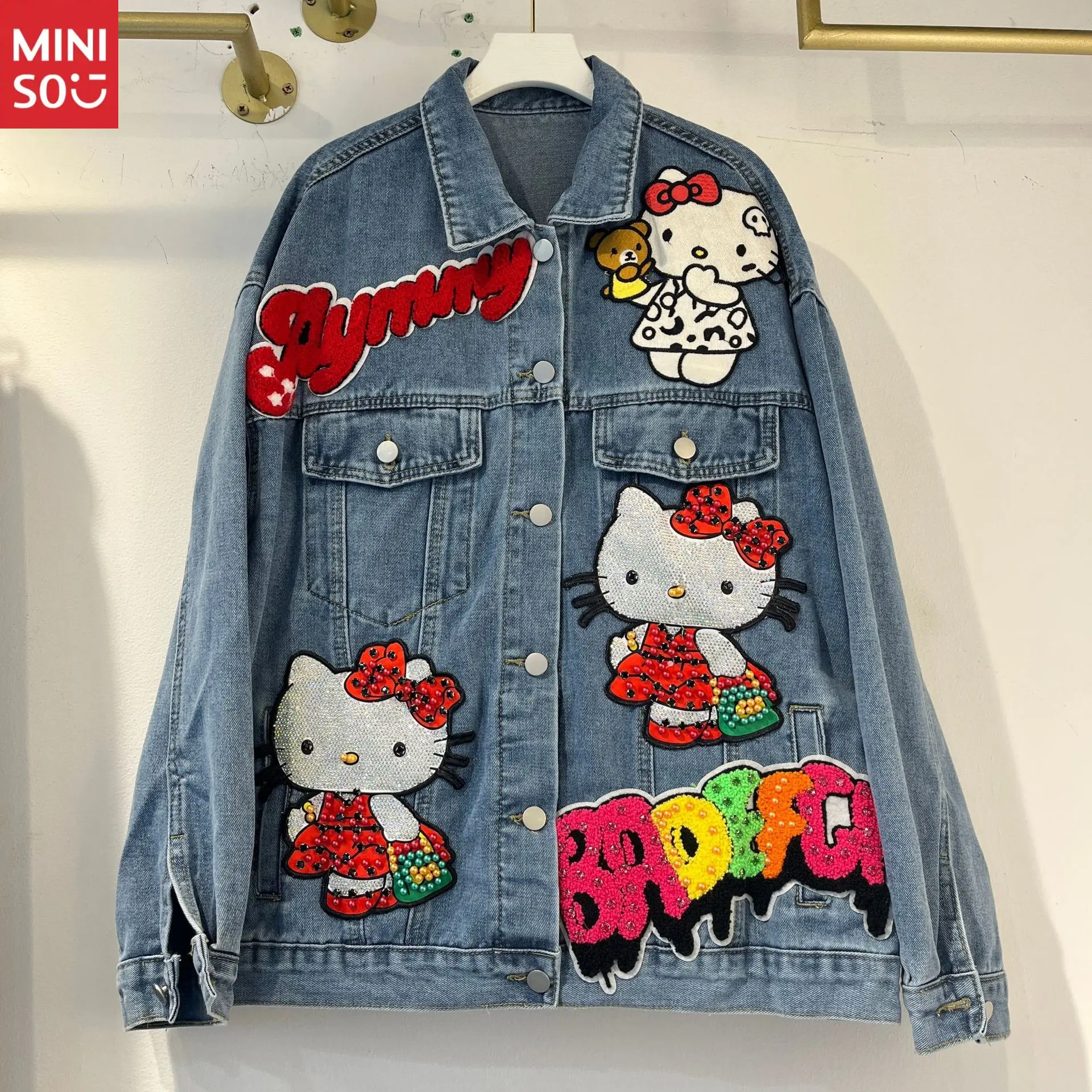

Miniso 2025 Design Sense Patch Denim Jacket Alphabet Decorative Loose Versatile Vintage Jacket Top