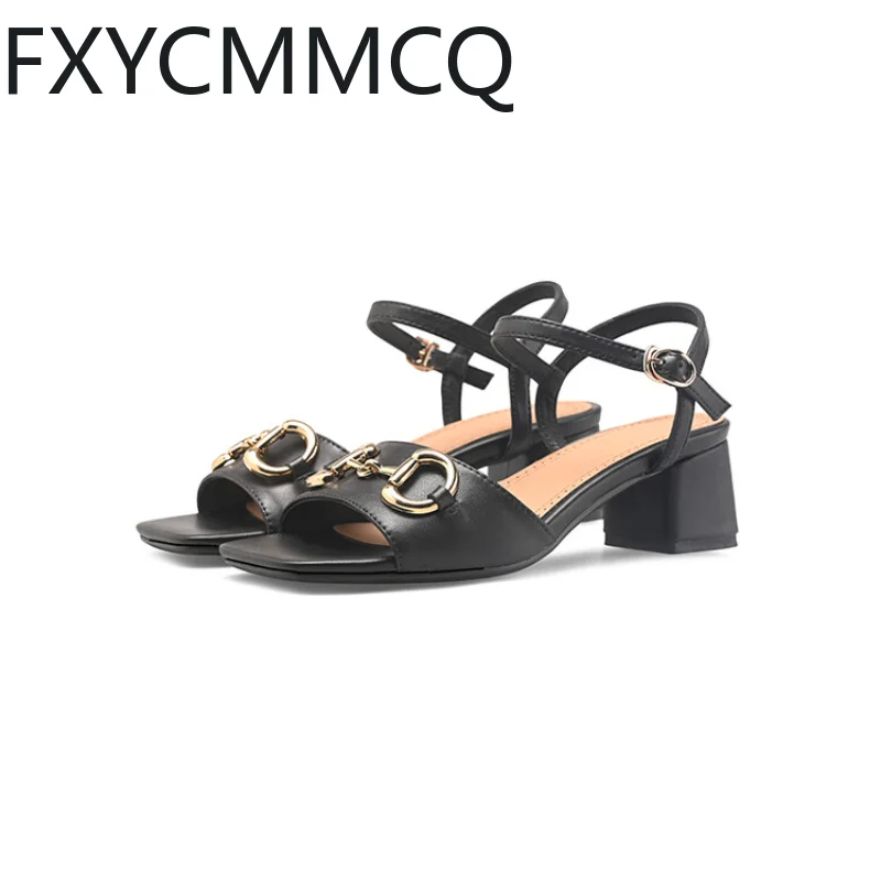 FXYCMMCQ 2023 Women\'s Summer New Leather Buckle Mid-heel Sandals Size 32-46 23-17A