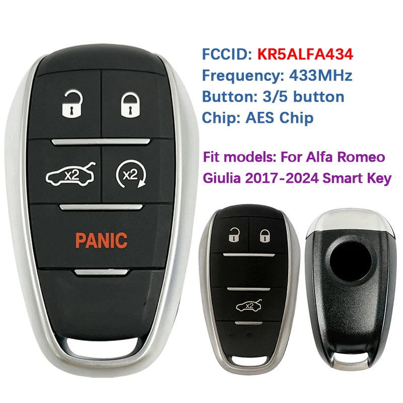 

CN092002 Оригинальный 3/5-кнопочный смарт-ключ HITAG 128-битный чип AES FCC KR5ALFA434 Smart Control для Alfa Romeo Giulia 2017-2024