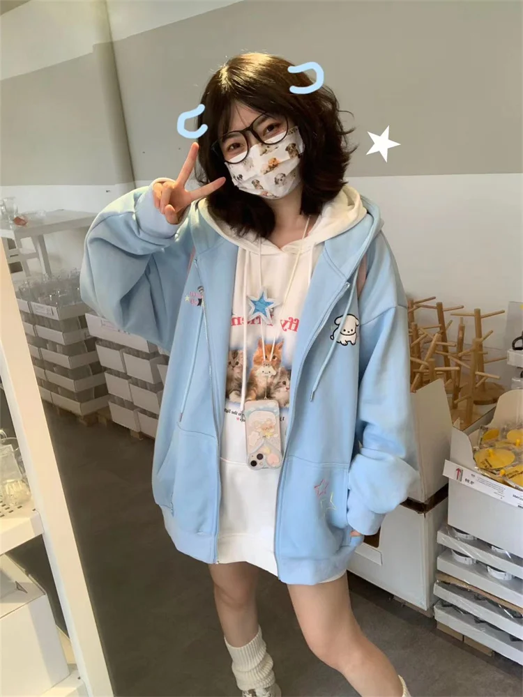 SUNSIREN Japanese Y2K Cute Beige Zip Up Hoodie Women Harajuku Kawaii Pink Sweatshirts Korean Fashion Girly Blue Hooded Jackets