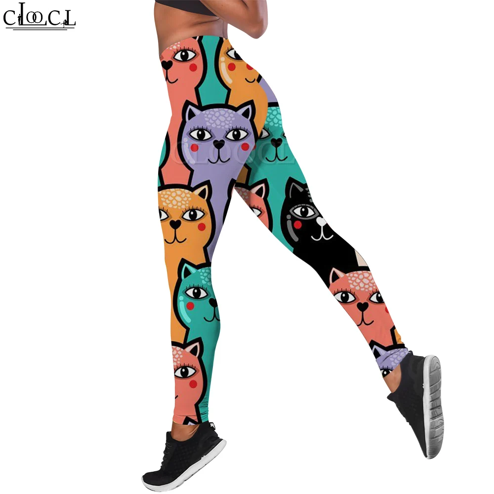 

CLOOCL Women Leggings Yoga Pants Firm Buttocks Sports Tight Trousers Cartoon Smiling Cat Print High Waist Gym Fitness Leggings