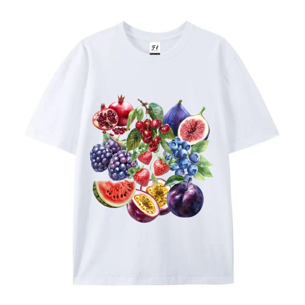 Exotic Fruit Tee เสื้อยืดสีขาว Vibrant Tropical Fruit Collage กราฟิกลําลองหลวมแขนสั้นสไตล์แปลกใหม่สบาย Top