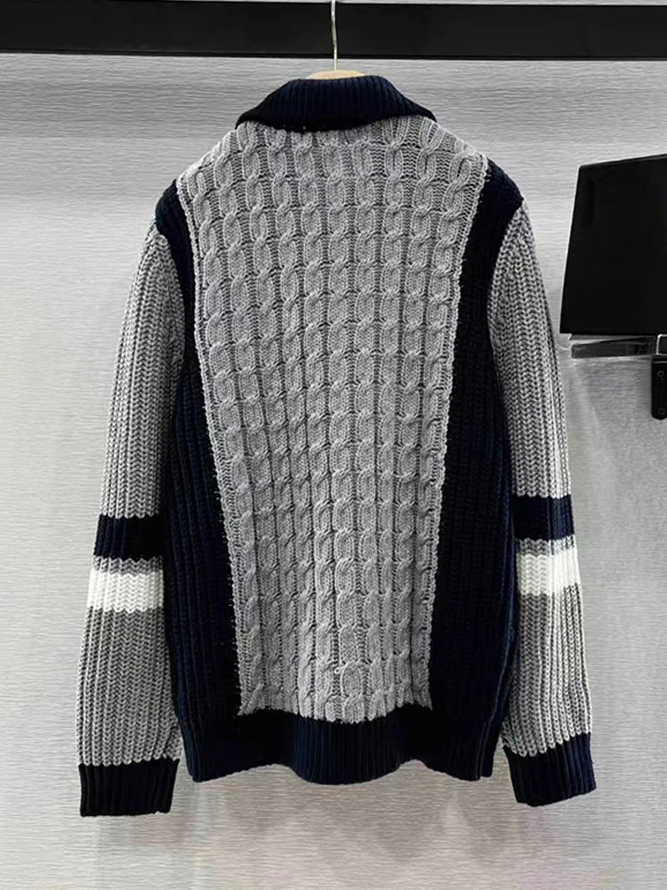 Vintage Twistการจับคู่สีLapel Zipper Cashmere Cardigan 2024 ฤดูใบไม้ร่วงผู้หญิงใหม่แฟชั่นAll-Matchตรงถักเสื้อ